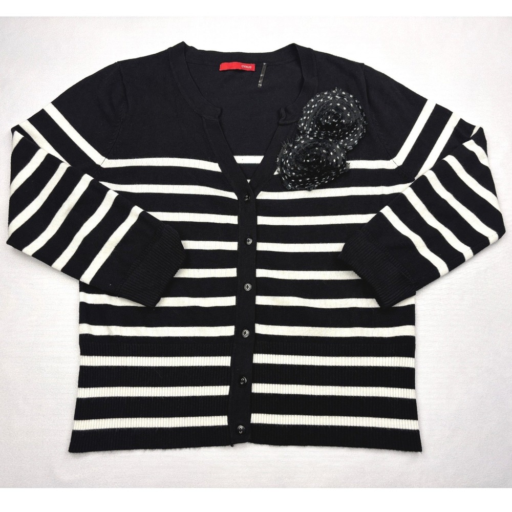 Cyrus Womens Black White Striped Rosette Cardigan Sweater Size Medium 3/4 Sleeve